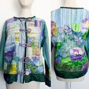 Handmade Quilted Flannel Jacket Lily Orchid Flower Patchwork Green Purple Medium